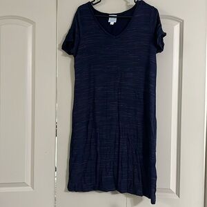 Blue jersey dress with white stripes that are very faint.